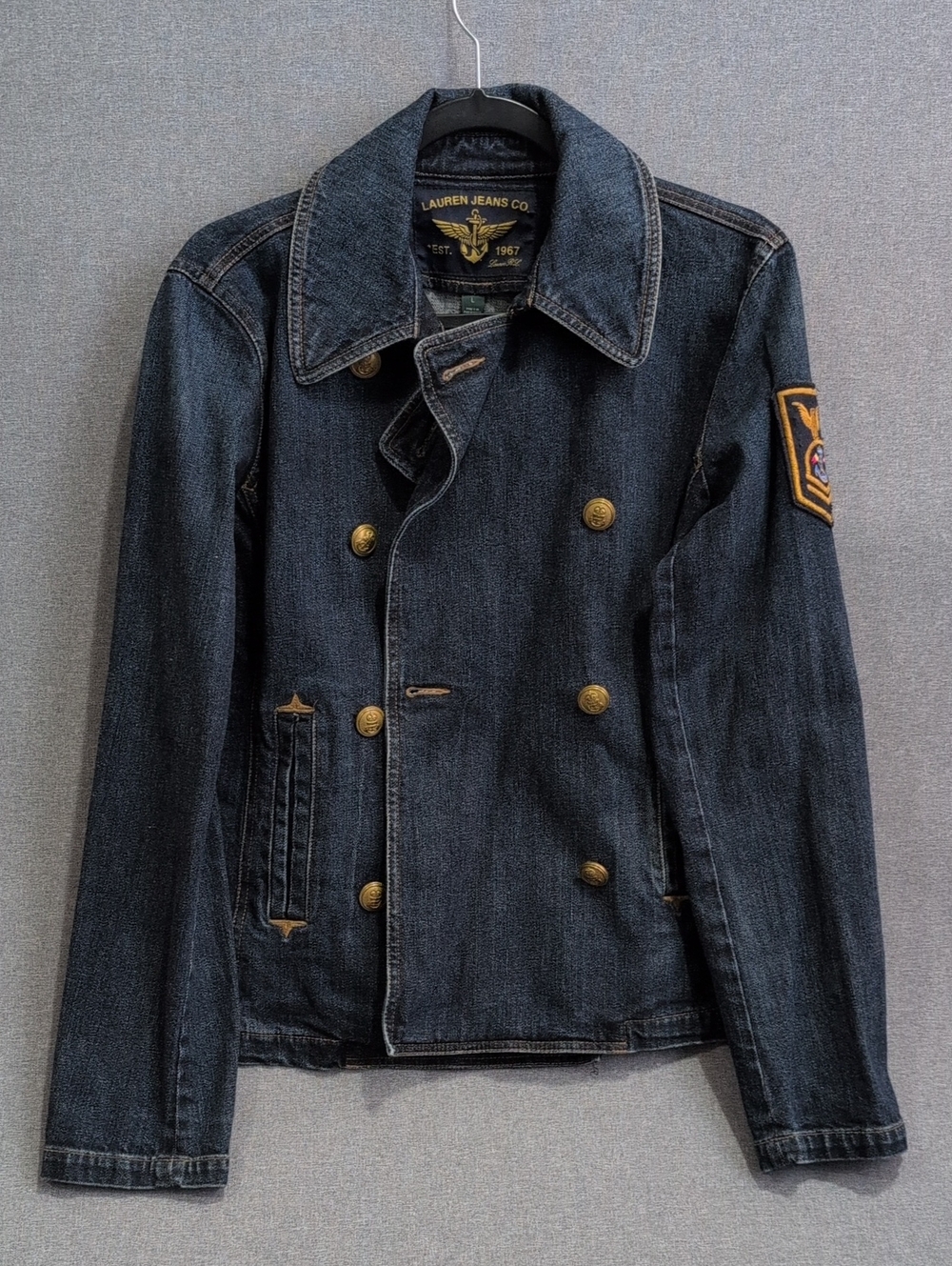 Lauren Ralph Lauren Dark Blue Double-Breasted Denim Jacket with Patch